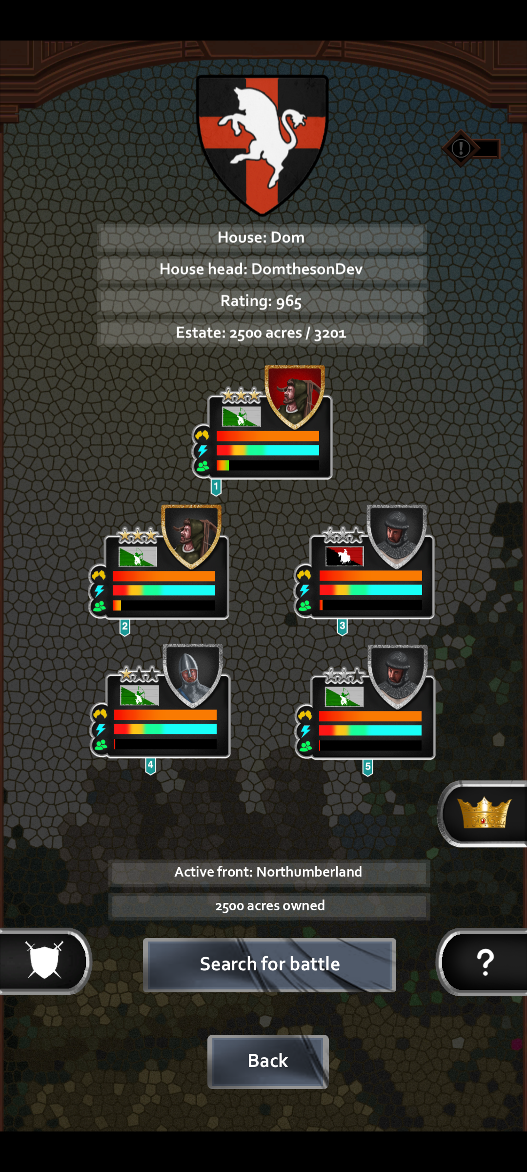 House overview showing units, commanders, and land size